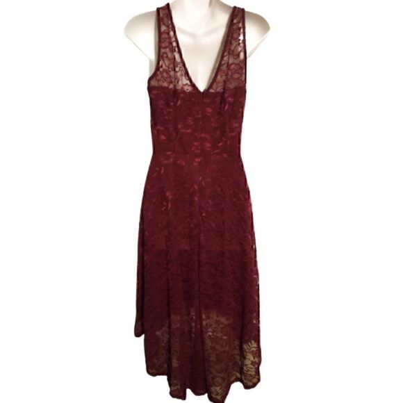 Burgundy Floral Lace Sleeveless High Low Asymmetrical Maxi Dress S - Picture 3 of 5